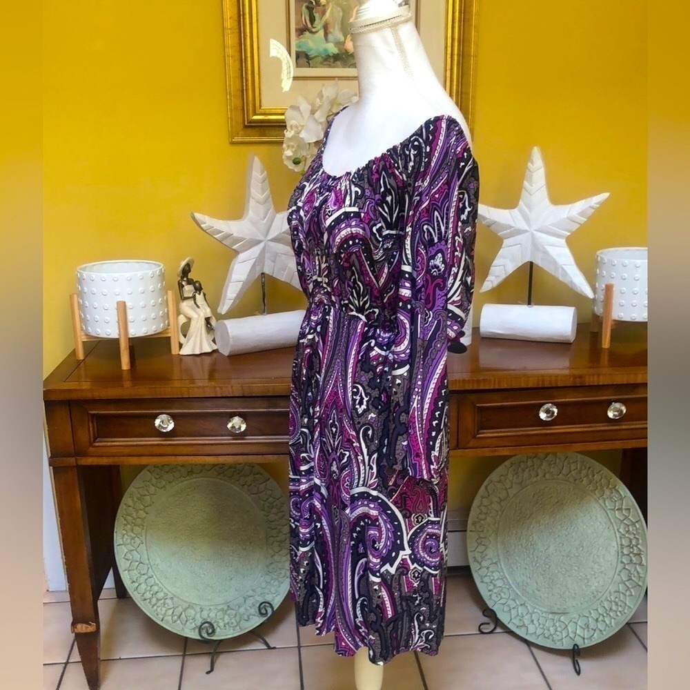 INC International Concepts Purple & White Paisley Empire Waist Dress Size Large - Picture 6 of 14